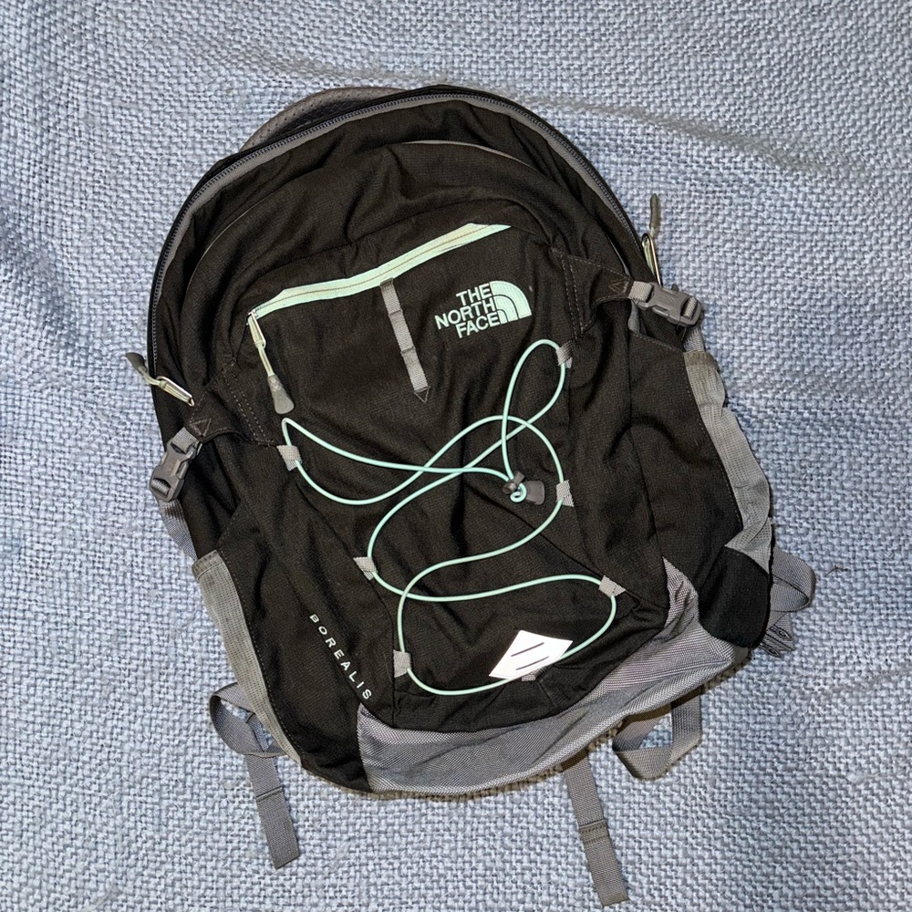 North Face Black and Gray Backpack with Mint Accents